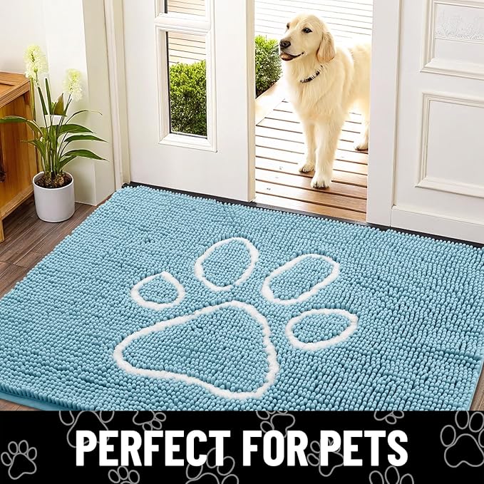 Smiry Dog Door Mat for Muddy Paws, Absorbent Dirt Trapper Non Slip Quick Dry Washable Chenille Mat for Mud Dogs, Entry Rug for Indoor and Outdoor (30x20 Inches, Sky Blue and White)