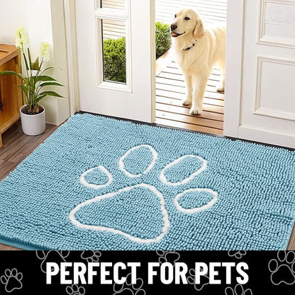 Smiry Dog Door Mat for Muddy Paws, Absorbent Dirt Trapper Non Slip Quick Dry Washable Chenille Mat for Mud Dogs, Entry Rug for Indoor and Outdoor (40x32 Inches, Sky Blue and White)