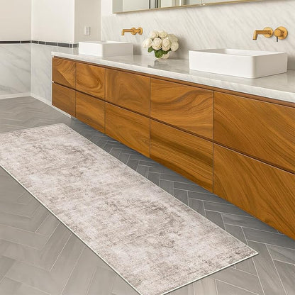 Stain Resistant 2x6 Kitchen Runner Rugs Washable Non Slip - Beige Tan Long Bathroom Runners, 0.25" Low Pile Rubber Backing Rug for Hallway, Entrance Indoor, Modern Farmhouse Home Décor