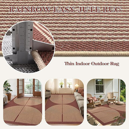Lahome Modern Rainbow Easy Jute Outdoor Rug 5x7, Stain Resistant Red Dining Room Patio Rug, Farmhouse Non Slip Non Shedding Indoor Outdoor Carpet for Living Room Home Office Bedroom Deck Backyard