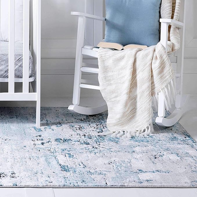 Rugs.com Leipzig Collection Area Rug – 8X10 Blue Low-Pile Rug Perfect for Living Rooms, Large Dining Rooms, Open Floorplans