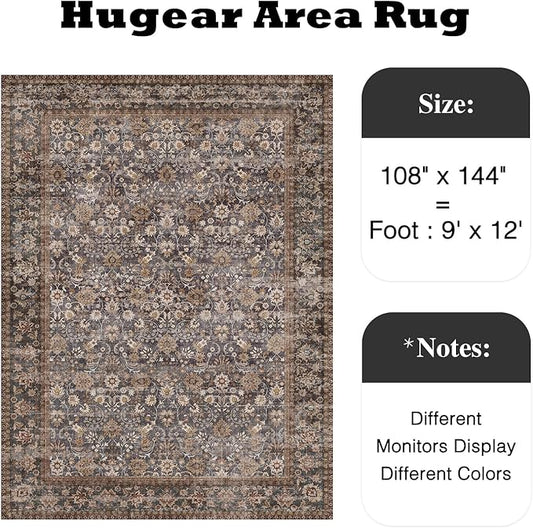 HUGEAR 9x12 Machine Washable Rugs Tradition Brown Hallway Large Area Rug Indoor Accent Rug Floral Low Pile Carpet Soft Throw Aesthetic Rug Bedroom Living Room Office Dining Room Kitchen Laundry Room