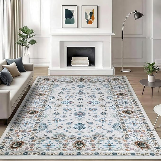 WILLSUN Washable Area Rugs, 6x9 Non-Slip Boho Large Area Rugs for Living Room, Bedroom, Machine Washable Vintage Rug, Indoor Floral Print Carpet for Home Decor, Kid & Pet Friendly Mat