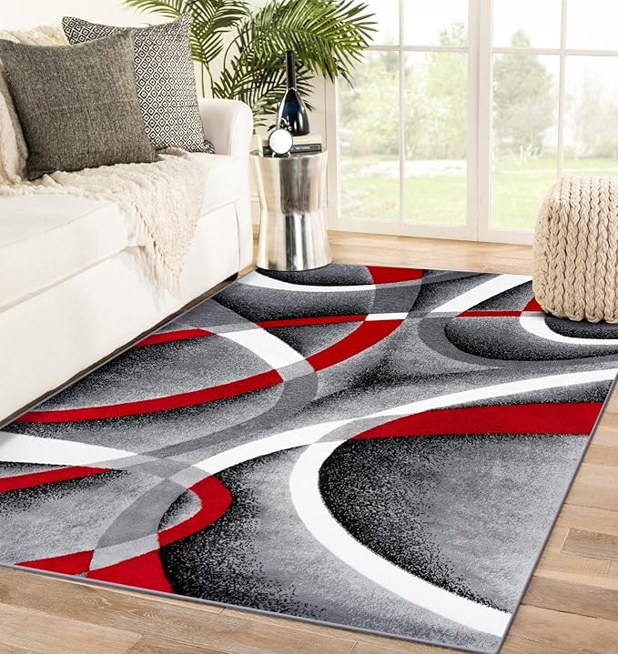 2305 Gray Black Red White Swirls 6'5 x 9'2 Modern Abstract Area Rug Carpet