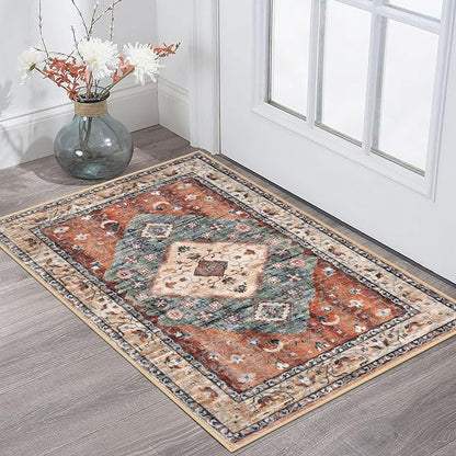 KOZYFLY Small Area Rug 2x3 Ft Rugs for Entryway Washable Boho Entry Rug Non Slip Door Mat Indoor Entrance Rust/Orange/Blue Printed Faux Wool Vintage Printed Kitchen Rug Throw Rugs for Entrance Kitchen