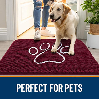 OLANLY Dog Door Mat for Muddy Paws 30x20, Paw Print Design, Absorbs Moisture and Dirt, Absorbent Non-Slip Washable Doormat, Quick Dry Chenille Mud Mat for Dogs, Entry Indoor Entryway Carpet, Burgundy