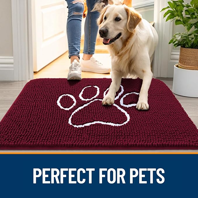 OLANLY Dog Door Mat for Muddy Paws 59x35, Paw Print Design, Absorbs Moisture and Dirt, Absorbent Non-Slip Washable Doormat, Quick Dry Chenille Mud Mat for Dogs, Entry Indoor Entryway Carpet, Burgundy