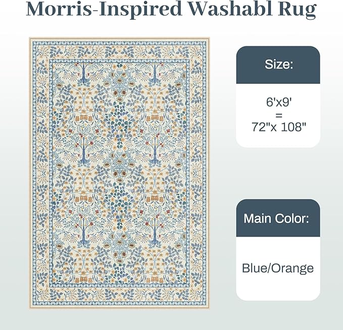 6x9 Area Rugs Living Room Rug - Floral Vintage Morris-Inspired Washable Carpet, Low Pile Non-Shedding Stain Resistance Boho Soft Carpet for Bedroom, Dining Room, Office, Farmhouse (6'x9' Blue/Orange)
