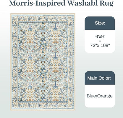 6x9 Area Rugs Living Room Rug - Floral Vintage Morris-Inspired Washable Carpet, Low Pile Non-Shedding Stain Resistance Boho Soft Carpet for Bedroom, Dining Room, Office, Farmhouse (6'x9' Blue/Orange)