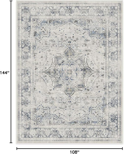 RUGGABLE Washable Vintage Area Rug – Sarrah Blue Quartz 9x12, Stain-Resistant, Non-Slip – Large Machine Washable Rugs for Living Room, Bedroom, Hallway, Entryway & Office–with Standard Pad