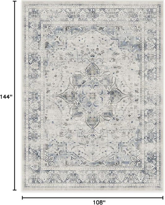 RUGGABLE Washable Vintage Area Rug – Sarrah Blue Quartz 9x12, Stain-Resistant, Non-Slip – Large Machine Washable Rugs for Living Room, Bedroom, Hallway, Entryway & Office–with Standard Pad