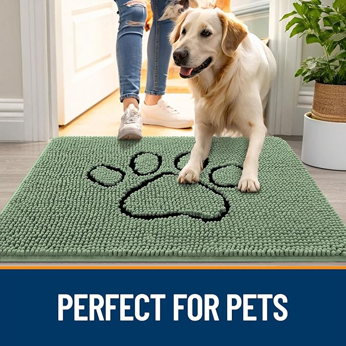 OLANLY Dog Door Mat for Muddy Paws 36x24, Paw Print Design, Absorbs Moisture and Dirt, Absorbent Non-Slip Washable Doormat, Quick Dry Chenille Mud Mat, Entry Indoor Entryway Carpet, Olive Green