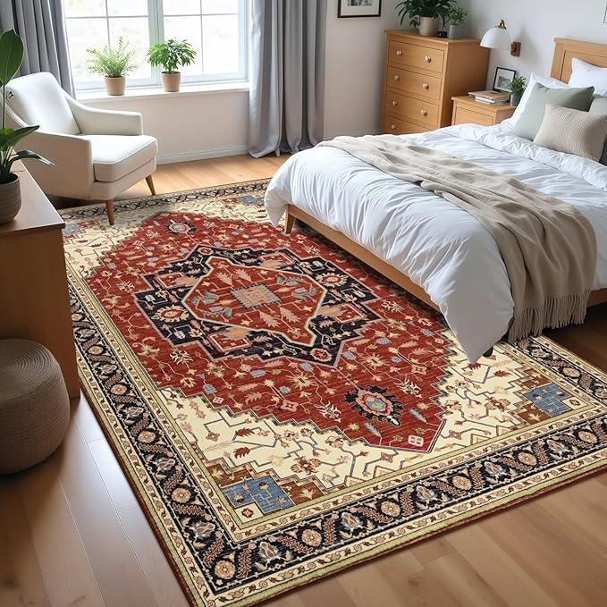 4x6 Orange Red Area Rug for Living Room, Machine Washable Rugs with Non-Slip Backing for Bedroom, Vintage Medallion Carpet Kitchen Laundry Kids Room Decor