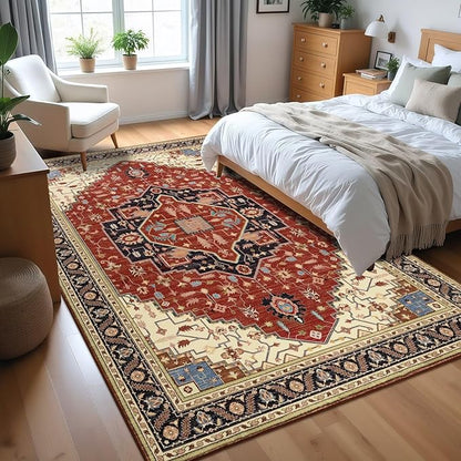 4x6 Orange Red Area Rug for Living Room, Machine Washable Rugs with Non-Slip Backing for Bedroom, Vintage Medallion Carpet Kitchen Laundry Kids Room Decor