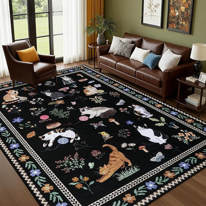 6x9 Area Rugs Living Room Rug: Vintage Washable Rug Floral Soft Carpet Indoor Floor Non-Slip Boho Stain Resistant Large Carpets for Bedroom Kids Nursery Dining Room Farmhouse Home Office Black/C01