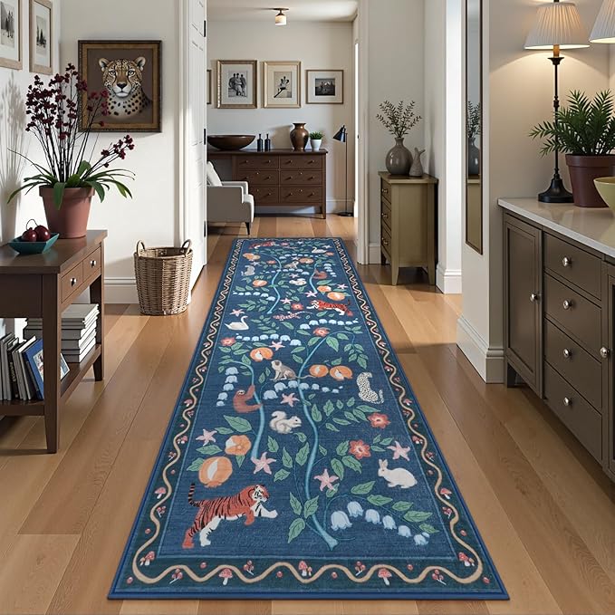 Collive Kitchen Runner Rugs Non Slip, Washable Jungle Animal Carpet Runners for Hallway Bathroom 2.6x8ft, Soft Bedroom Rug Blue Ultra Thin Stain Resistant Indoor Mats for Entryway, Bedside