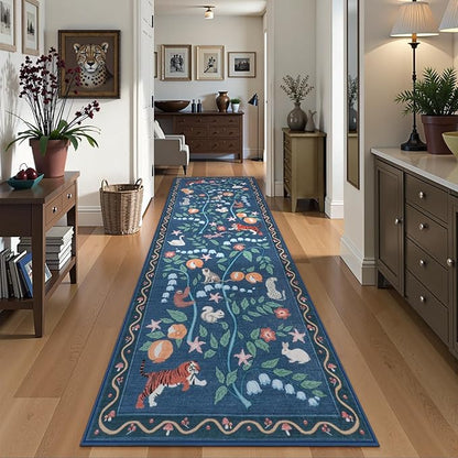 Collive Kitchen Runner Rugs Non Slip, Washable Jungle Animal Carpet Runners for Hallway Bathroom 2.6x8ft, Soft Bedroom Rug Blue Ultra Thin Stain Resistant Indoor Mats for Entryway, Bedside