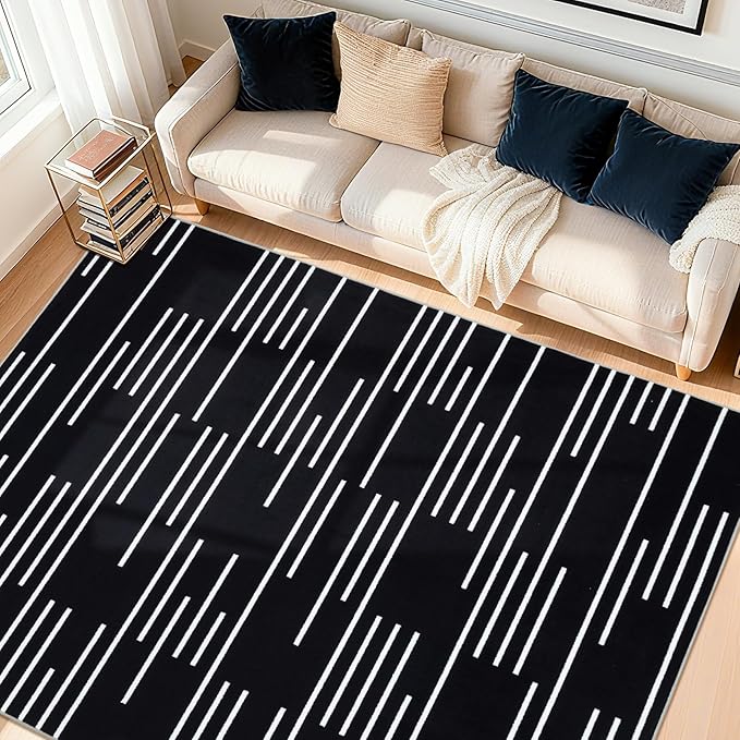 YIHOUSE Abstract Washable Rug 6x9,Ultra Thin Non Slip Black Rugs for Living Room,Modern Minimalist White Stripe Rugs for Bedroom,Dining Room Office Playroom (6'x9',Black-3)
