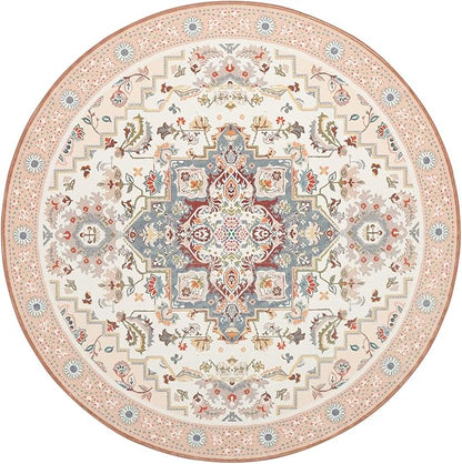 Phantoscope Washable Round Area Rug 6ft Non-Slip, Vintage Boho Rugs for Living Room, Bedroom, Dining Room, Persian Floral Medallion Pattern, Low-Pile Foldable Floor Carpet, Ivory Rose/Fall Bloom