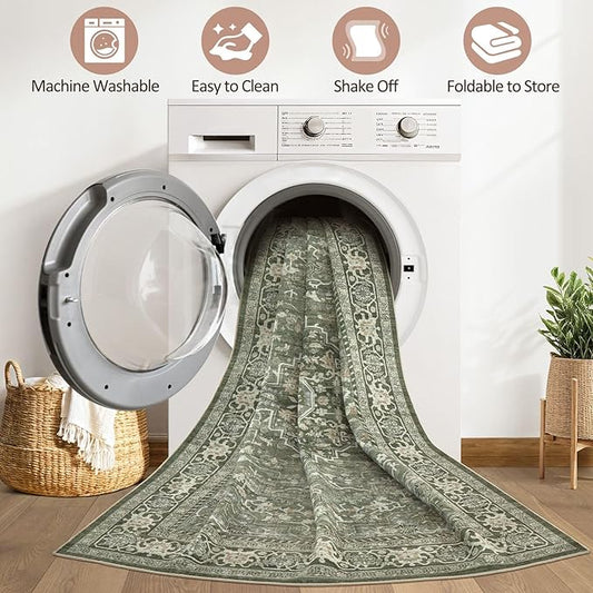 9x12 Area Rug Living Room: Washable Boho Large Neutral Vintage Soft Rugs Stain Resistant Farmhouse Non Slip Indoor Floor Carpet for Bedroom Nursery Kids Playroom Office Dining Room Home- Dark Green