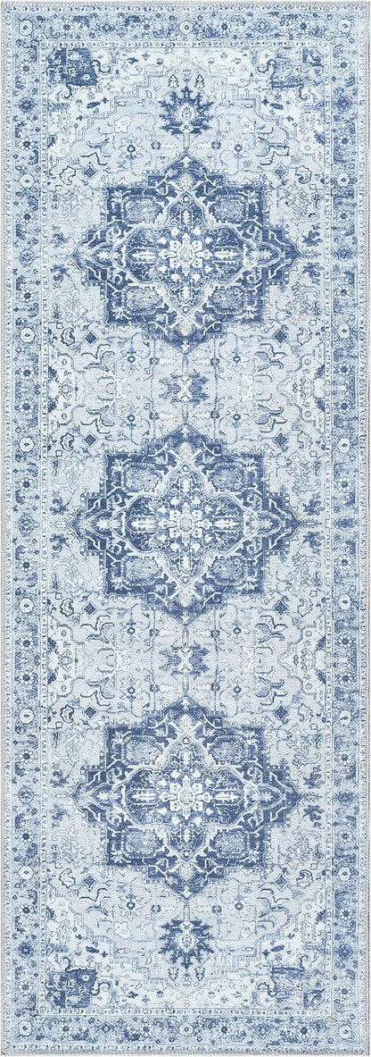 Bloom Rugs Washable Non-Slip 7 ft Runner - Gray/Blue Traditional Medallion Runner for Entryway, Hallway, Bathroom, and Kitchen - Exact Size: 2.5' x 7'
