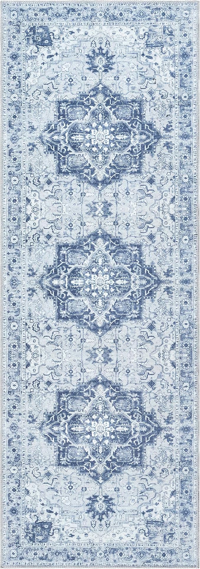 Bloom Rugs Washable Non-Slip 12 ft Runner - Gray/Blue Traditional Medallion Runner for Entryway, Hallway, Bathroom, and Kitchen - Exact Size: 2.5' x 12'