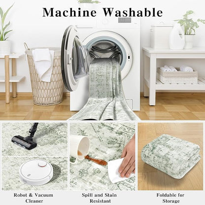 6x9 Vintage Washable Area Rugs Boho Medallion Large Distressed Retro Accent Carpet Floral Non-Slip Soft Low Pile Indoor Throw Rug for Living Room Bedroom Dining Room Office Kitchen, Green