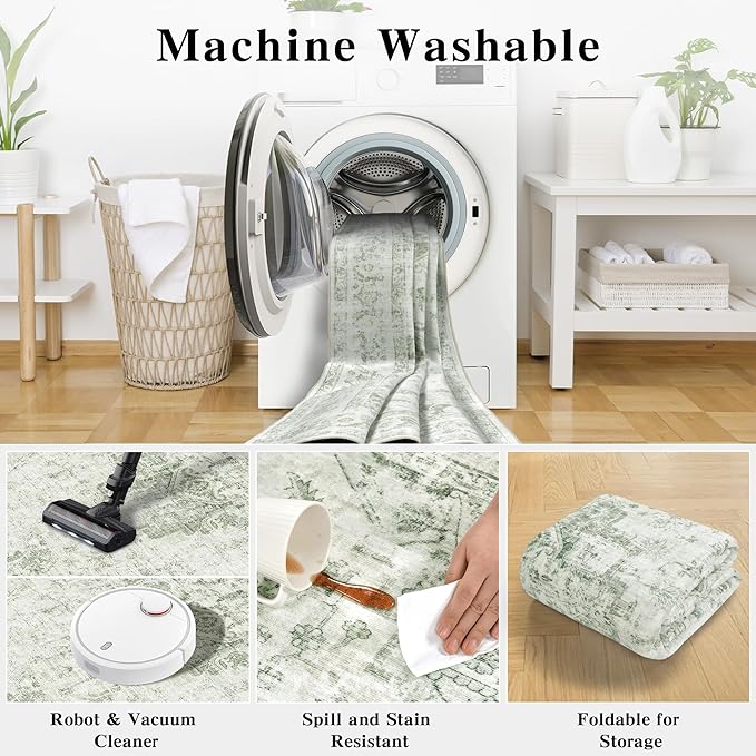 2x3 Vintage Washable Area Rugs for Entryway Soft Non-Slip Bath Mat Boho Medallion Distressed Retro Accent Carpet Floral Low Pile Indoor Throw Rug for Kitchen Laundry Living Room Bedroom, Green