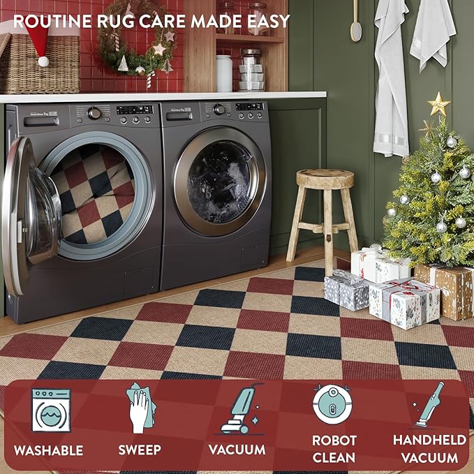Lahome Christmas Outdoor Rug, 3x5 Outdoor Christmas Decor Rugs for Entryway Front Door Indoor Outdoor Plaid Carpet, Checkered Red and Black Non Shedding Carpet for Patio Porch