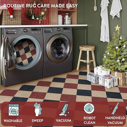 Lahome Checkered Rugs for Living Room, 8x10 Indoor Outdoor Rug Dining Room Office Carpet, Checkerboard Black and Red Washable Non Slip Floor Carpet for Patio Classroom Backyard