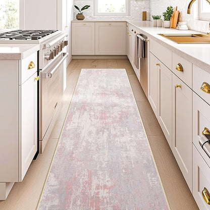 Washable Area Rugs 2'x8' Non-Slip Modern Abstract Soft for Living Room Entryway Bedroom Nursery, Print Pattern, Grey Pink