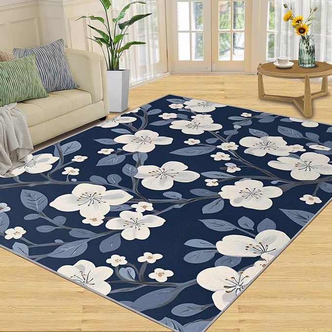 Boho Rugs for Bedroom - 6x9 Area Rug - Blue White Flowers Rugs for Living Room, Vintage Modern Flowers Rug, Washable Home Decor Carpet