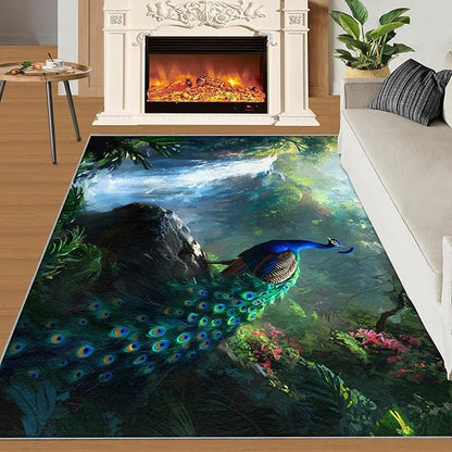 Peacock Rugs for Bedroom - 3x4 Rug, Peacock Decor Area Rugs for Living Room, Natural Landscapes Carpet, Waterfall Washable Area Mat, Aesthetics Carpet - Peafowl Home Decor & Gifts