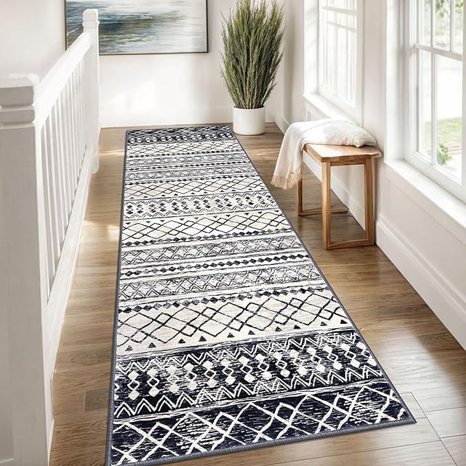 KUTA Moroccan Kitchen Rugs 3x8, Non-Slip Vintage Black Navy Blue Boho Hallway Runner Rug Ultra Soft Print Geometric Floor Carpet Runners for Bedroom Laundry Living Room