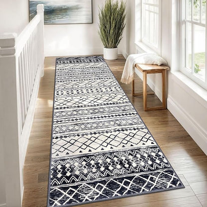 KUTA Moroccan Kitchen Rugs 3x8, Non-Slip Vintage Black Navy Blue Boho Hallway Runner Rug Ultra Soft Print Geometric Floor Carpet Runners for Bedroom Laundry Living Room