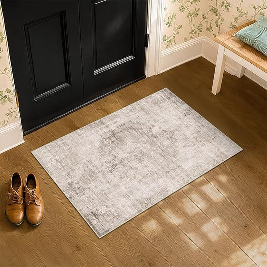 Beige Brown 2x3 Washable Rug for Entryway Indoor, Kitchen Floor Waterproof, Bathroom, Powder Room, Non Slip Low Pile Stain & Fade Resistant Small Throw Rug, Modern Abstract Decor
