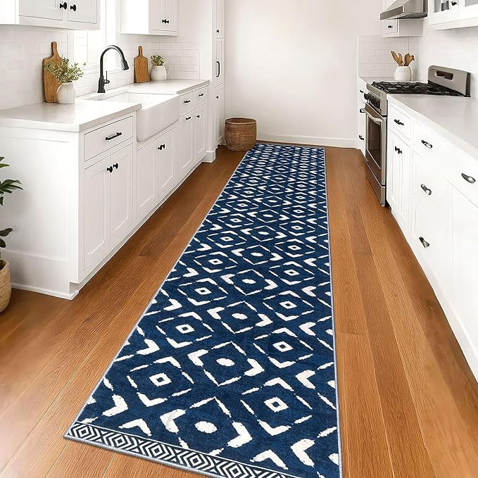 KILOCOCO Hallway Runner Rug 2.6'x16' Runners for Hallways Washable Runner Soft Non Slip Printed Geometric Low-Pile Rugs Runners for Bedroom Kitchen Living Room Boho Rugs, Blue