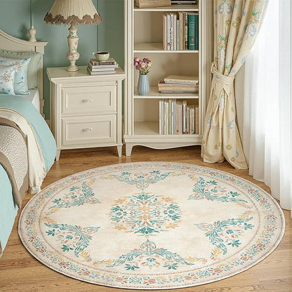 jinchan Round Rug 5ft Area Rugs Vintage Floral Distressed Design, Machine Washable Soft Non-Slip Low-Pile Ultra-Thin Circle Rug for Entryway Living Room Dining Room Bedroom (5' Round, Apricot Multi)