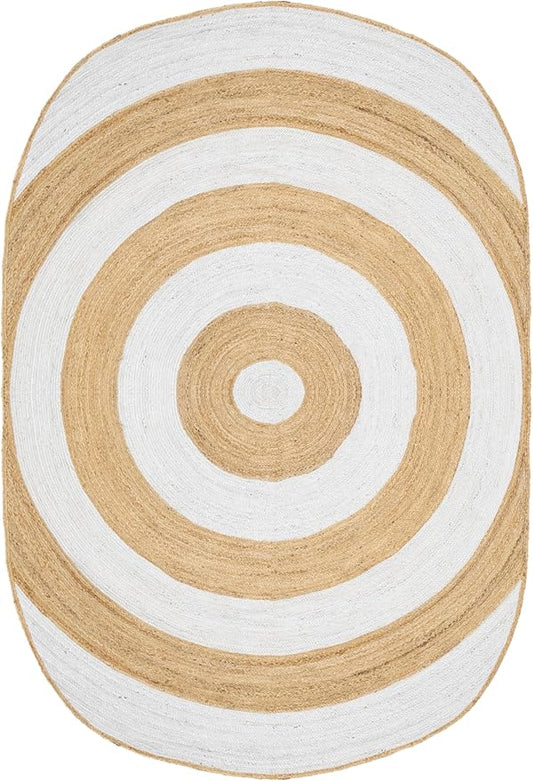 6x9 Oval Kilim Rug – Hand Braided Jute, Handmade Boho Style Rug, Solid White Beige, 0.27" Thick Flatweave Carpet for Bedroom, Living Room, Dining, Indoor Outdoor