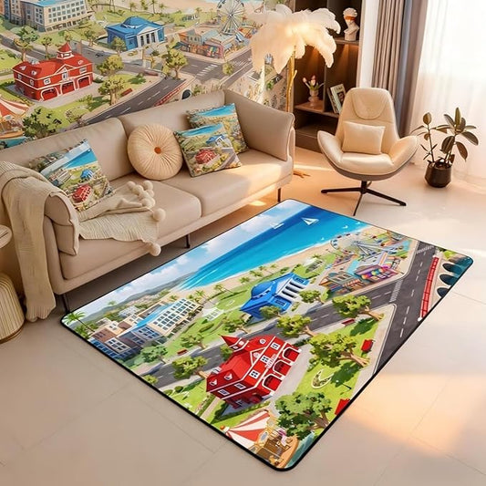 Kids Area Rug 3x5 City Life House Rugs for Living Room | 3D Cityscape Washable Rug, Fun Educational Gift Urban Landscape Carpet Indoor Floor Mat