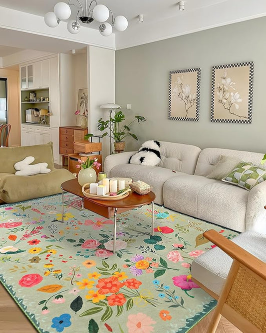 Boho Washable Area Rug 6x9 for Living Room, Bedroom, Office, Playroom, Kitchen or Dining Room, Soft Floral Carpet for Indoor Use, Easy Care Non-Slip Design (Green)