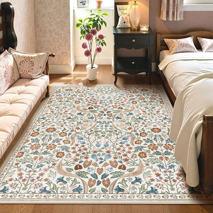 Lahome Floral 5x7 Beige Bedroom Rug, Non-Slip Washable Area Rugs for Nursery, Botanical Soft Boho Carpet Floor Mats for Kids, Playroom, Living Room