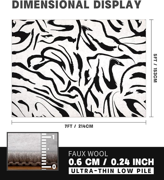 YIHOUSE Modern Area Rugs for Bedroom,5x7 Washable Black and White Rug, Thin Abstract Geometric Minimalist Striped Rug, Black Rugs for Bedroom,Kitchen,Dining Room Office