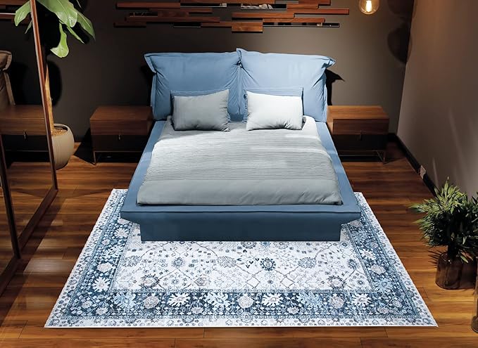 Bloom Rugs Washable Non-Slip 2x3 Rug - Navy Blue Traditional Bordered Area Rug for Living Room, Bedroom, Dining Room, and Kitchen - Exact Size: 2' x 3'