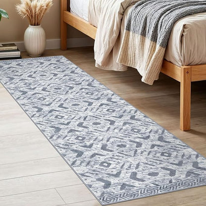 KILOCOCO Boho Kitchen Runner Rug 2x6 Washable Runner Rug, Soft Runners for Hallways Non Slip Printed Low-Pile Distressed Laundry Room Rugs for Entryway/Bedroom/Living Room, Gray/White