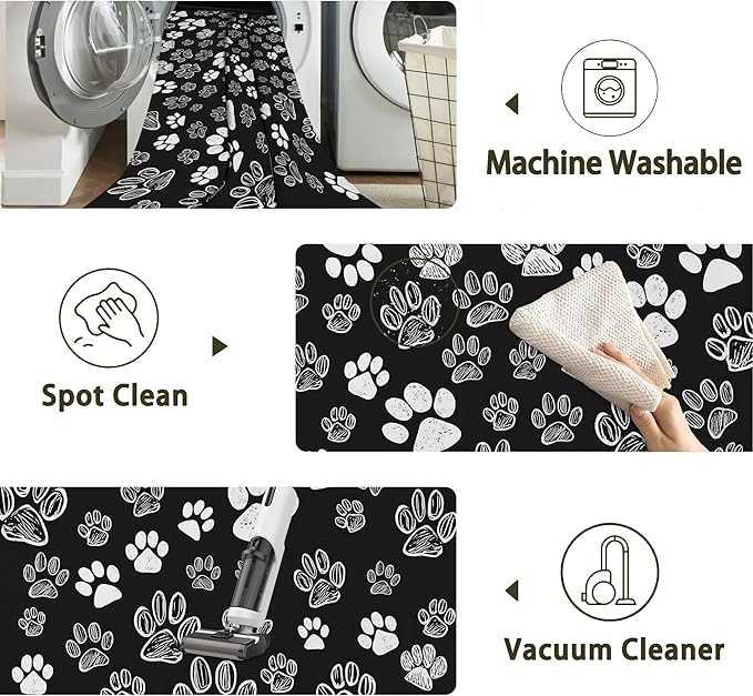 Cat Paws Black Area Rug for Living Room, Non-Slip Backing Low Pile Modern Abstract Rug for Indoor Use, 5x7 Washable Carpet