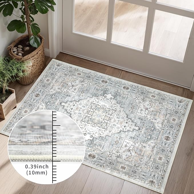 Washable 3×5 Area Rug for Living Room, Vintage Floral Rug Soft Non Slip Stain Resistant Boho Carpet for Bedroom Dinning Room Kitchen Home Office Blue-Multi