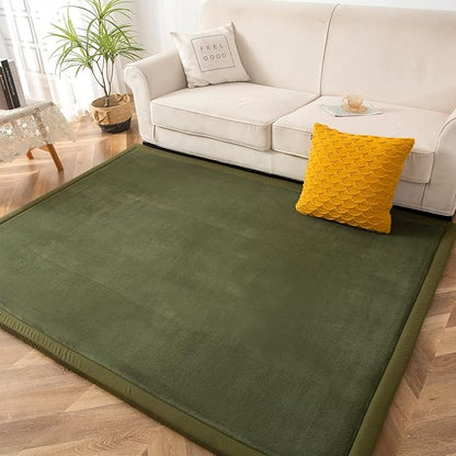 MAXYOYO Black Coral Velvet Area Rug, Thick Japanese Tatami Mat Living Room Carpet with Non-Slip Backing, Large Solid Color Mat for Bedroom Dormitory Yoga, 49 by 49 inch