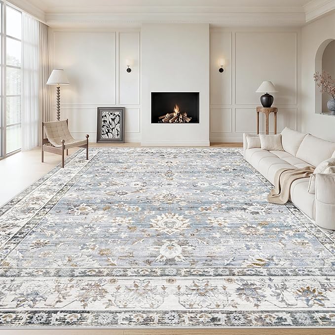 Area Rug 10x12 Living Room Rugs, Machine Washable Vintage Distressed Boho Area Rug Non-Slip Soft Low Pile Large Indoor Rugs for Bedroom Kitchen Dining Room Office(Light Blue,10'x12')