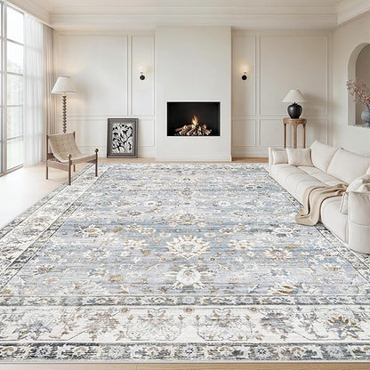 Area Rug 10x12 Living Room Rugs, Machine Washable Vintage Distressed Boho Area Rug Non-Slip Soft Low Pile Large Indoor Rugs for Bedroom Kitchen Dining Room Office(Light Blue,10'x12')